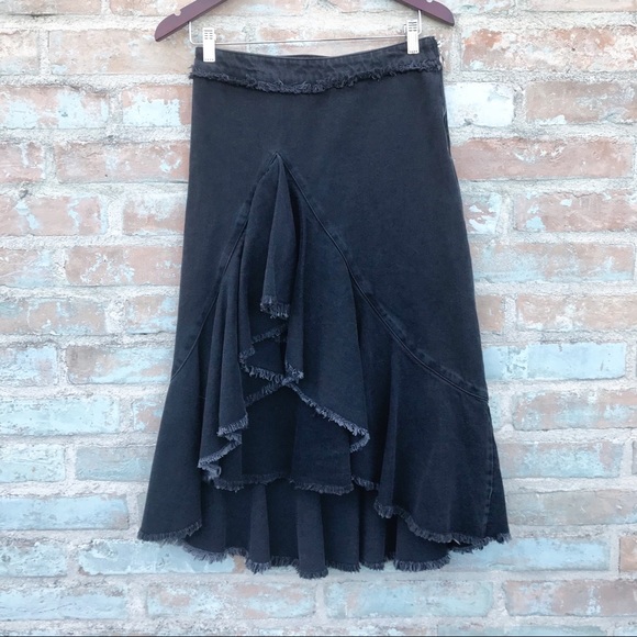 Zara Denim Skirt Black Asymmetric Ruffle Midi NWOT - Picture 3 of 8